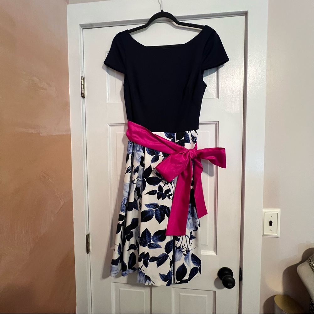 #127 ELIZA J FLORAL NAVY AND PINK TEA LENGTH DRESS 10